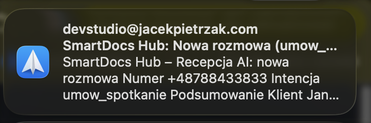 Natychmiastowe powiadomienie e-mailem o nowo zarejestrowanej rozmowie i rozpoznanej intencji
