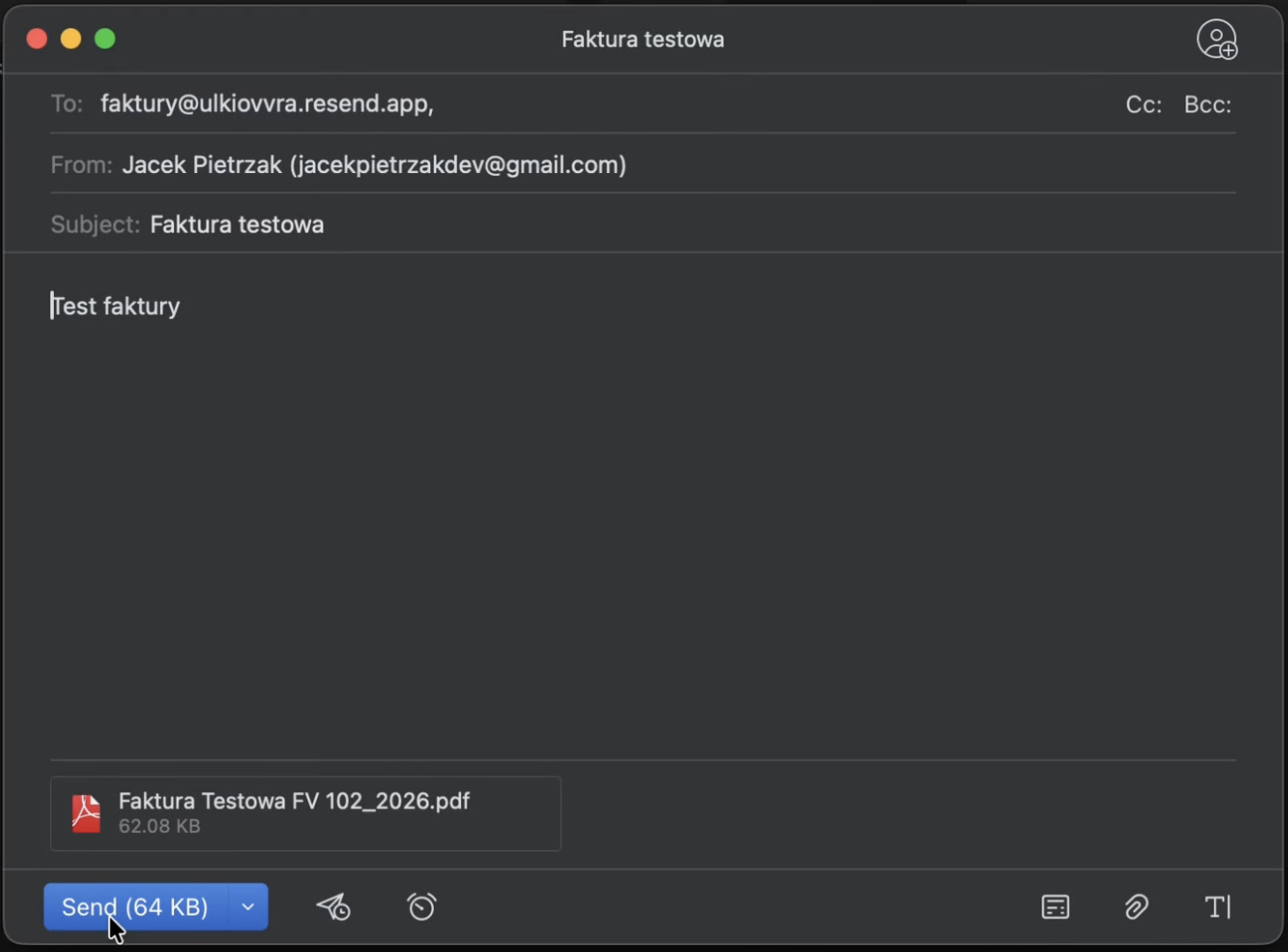 Wysyłka wiadomości e-mail z fakturą PDF na dedykowany adres systemu