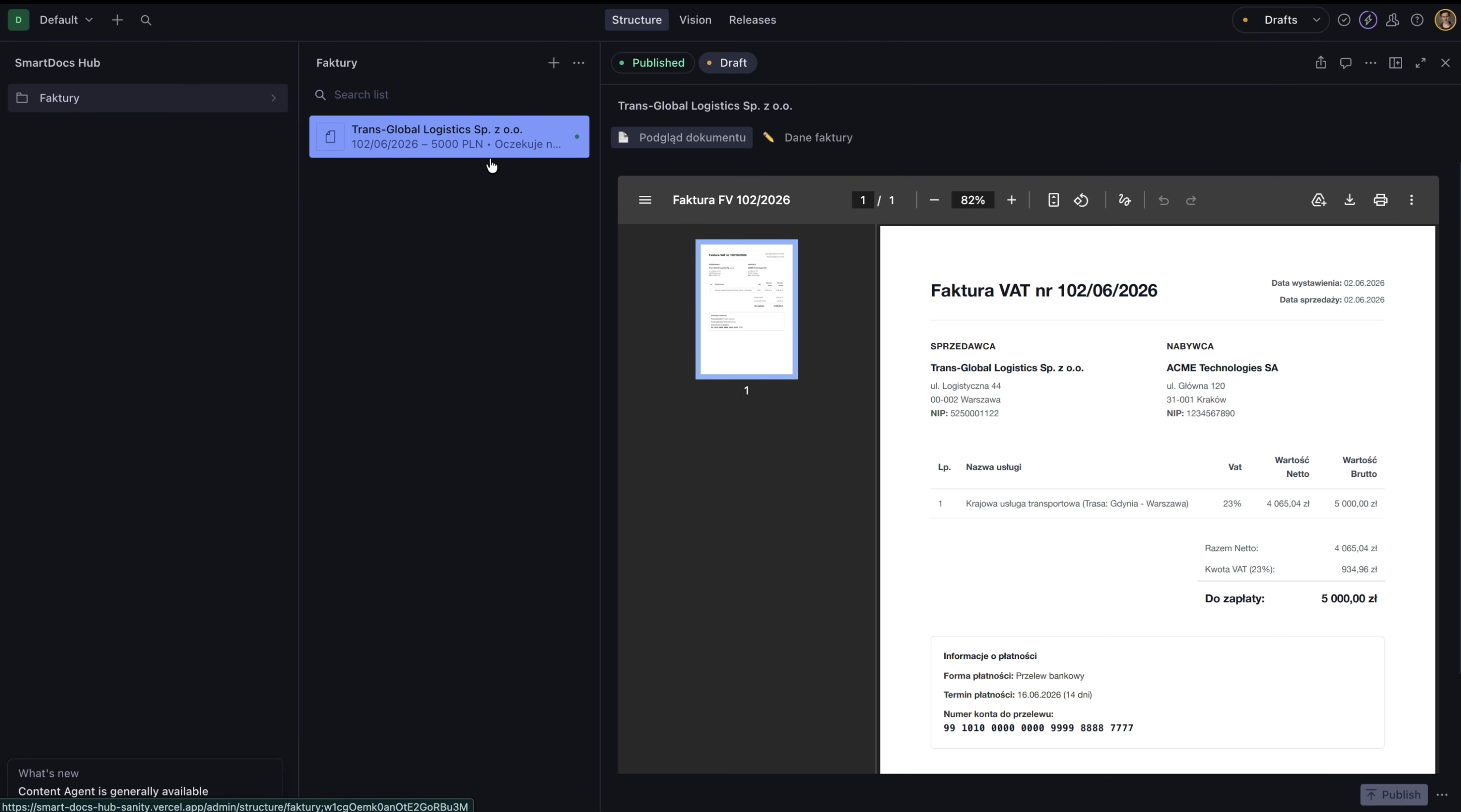 Panel SmartDocs Hub z natychmiastowym podglądem faktury PDF