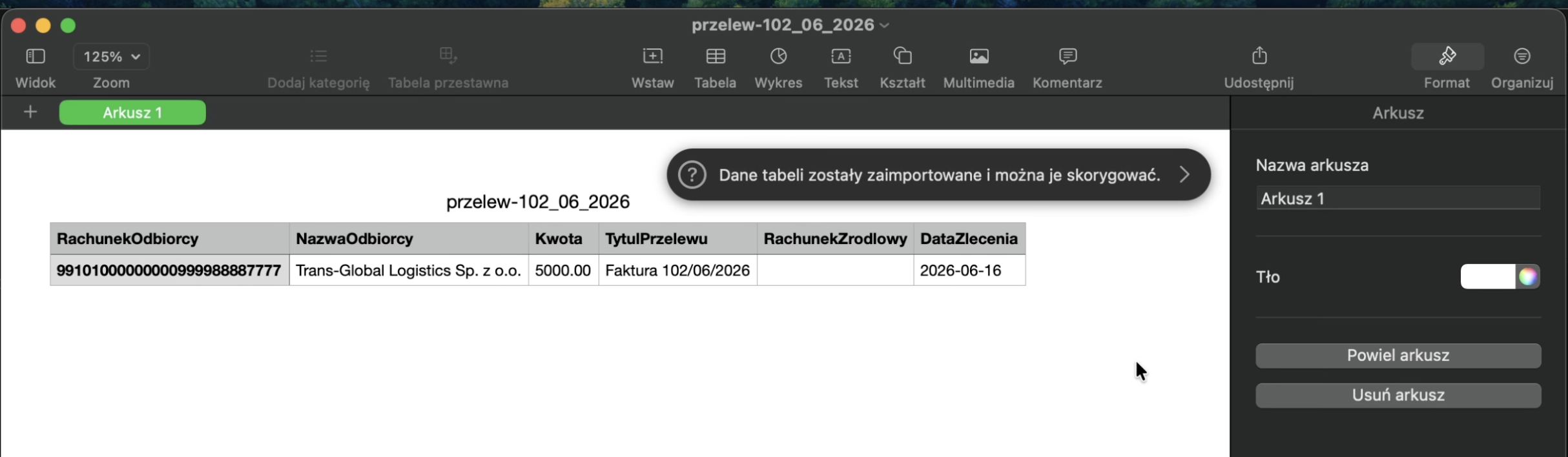 Wygenerowany plik CSV gotowy do bezpośredniego wczytania w banku